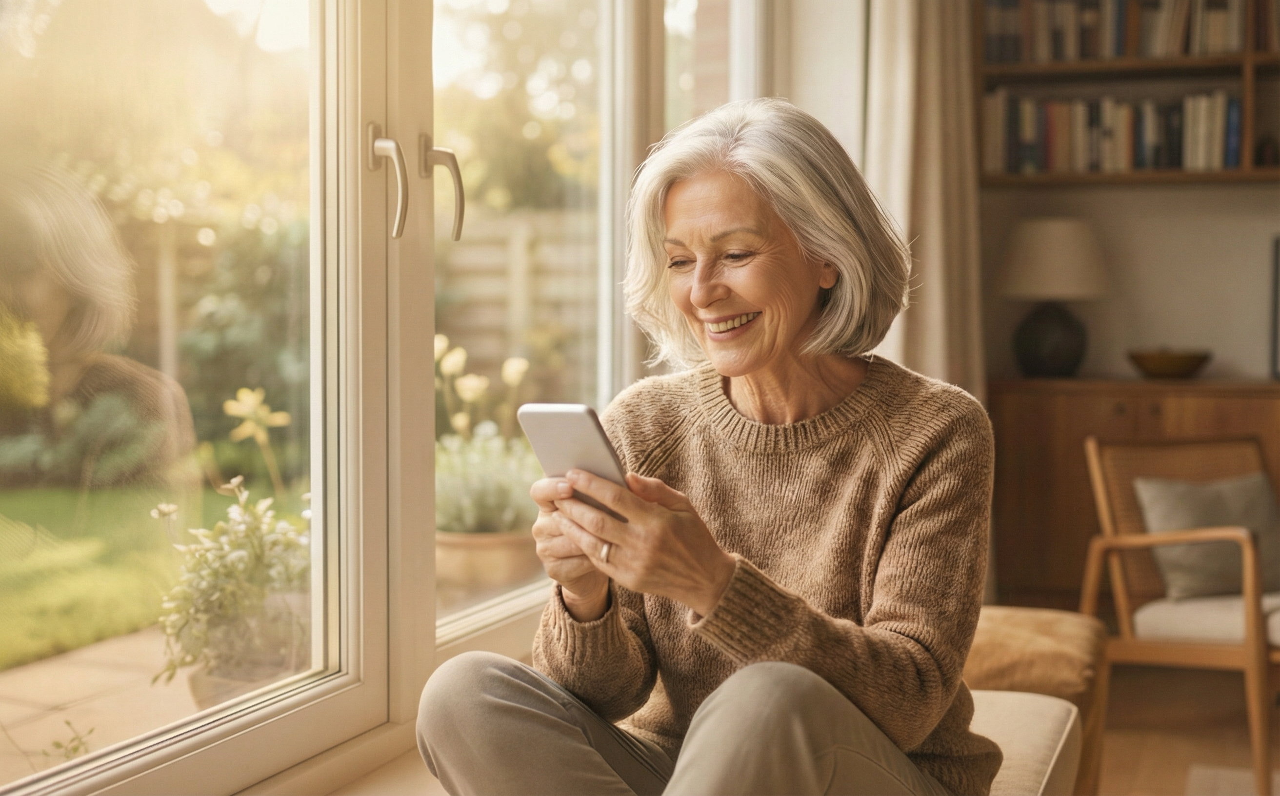 A woman smiling as she texts on her phone by a sunny garden door