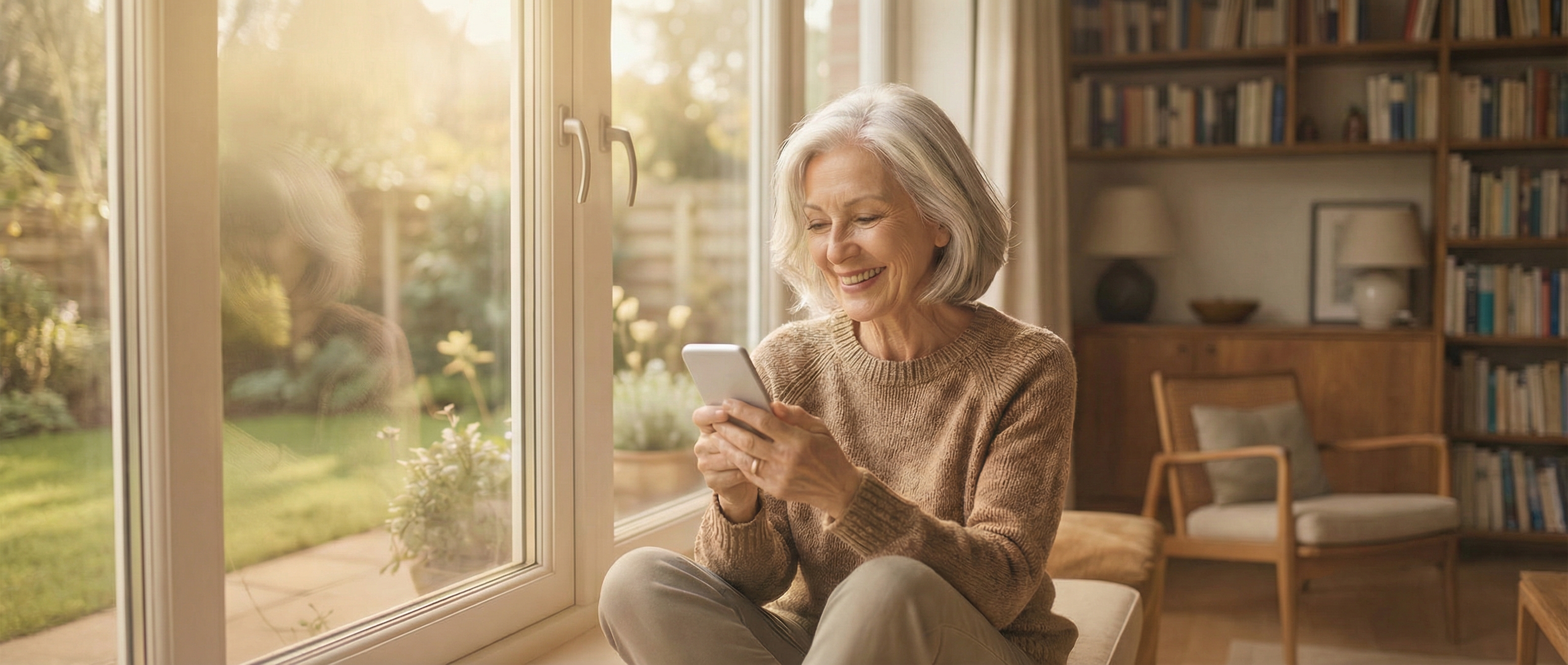 A woman smiling as she texts on her phone by a sunny garden door
